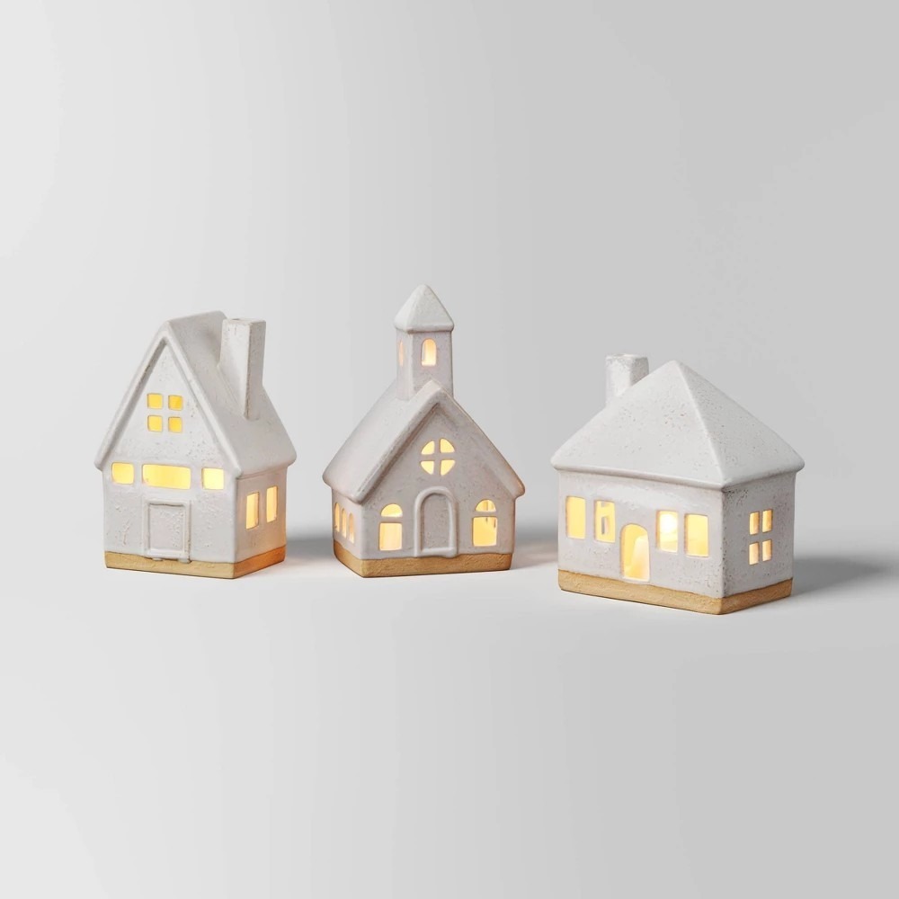 Wondershop 3pc Lit Ceramic Christmas Village Buildings White NIB